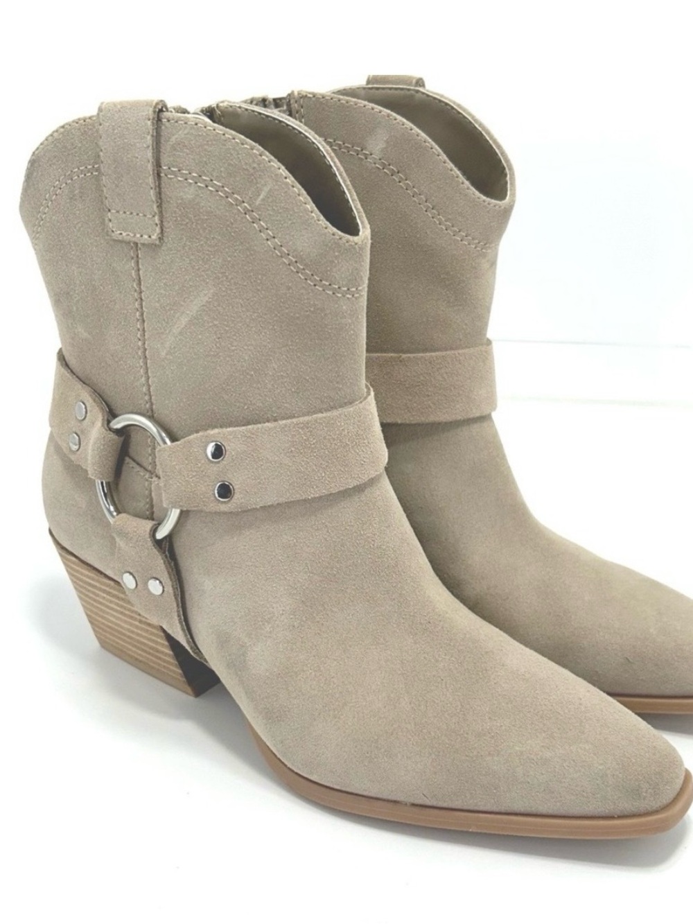 Open Edit Taupe Suede Western Ankle Booties with Ring Harness Size 6.5 M